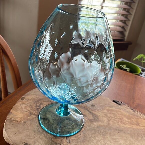 Mid Century Empoli Blue Diamond Optic Hand Blown Glass Brandy Snifter Vase - Picture 3 of 6